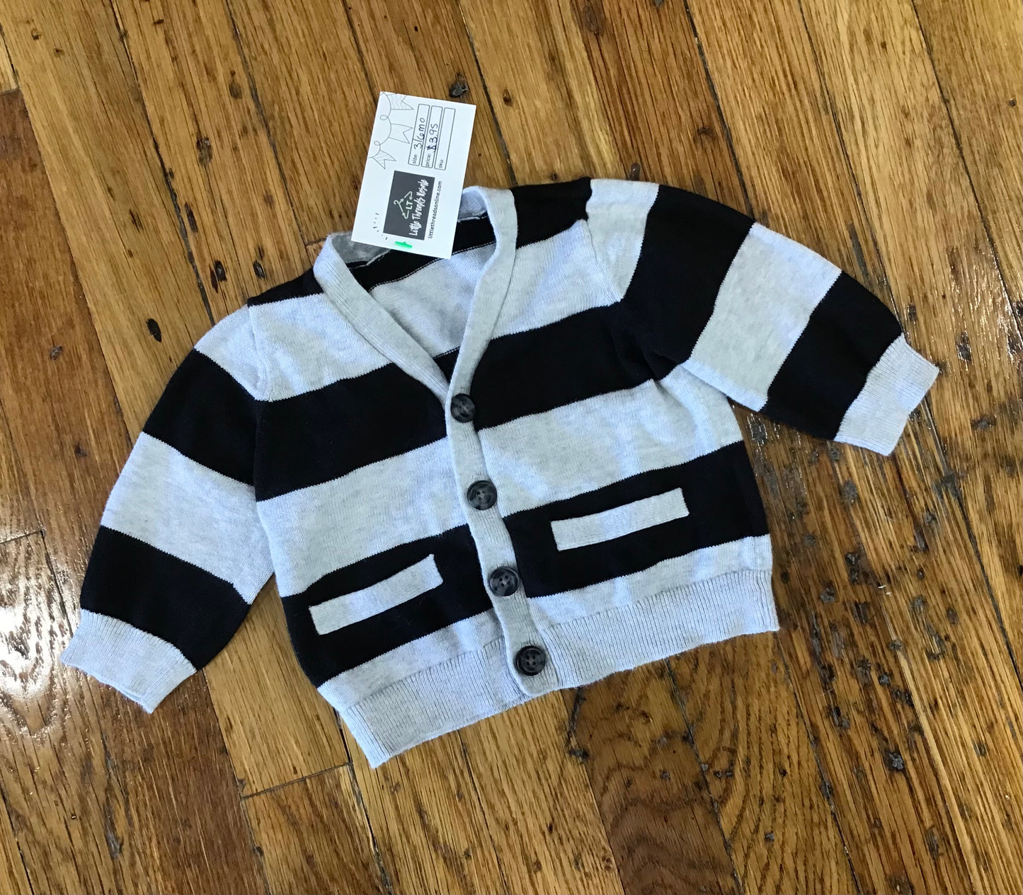 3/6 mo. Boy’s Sweater Cardigan; Black, Grey Striped